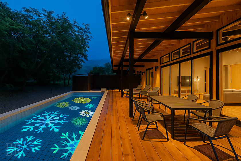 【埼玉】秩父别墅：外观，泳池被树灯照亮。